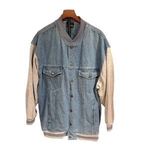Vtg 90s Hunters Run Denim Varsity Jacket Blue Gray Mixed Media Bomber Mens 2XL